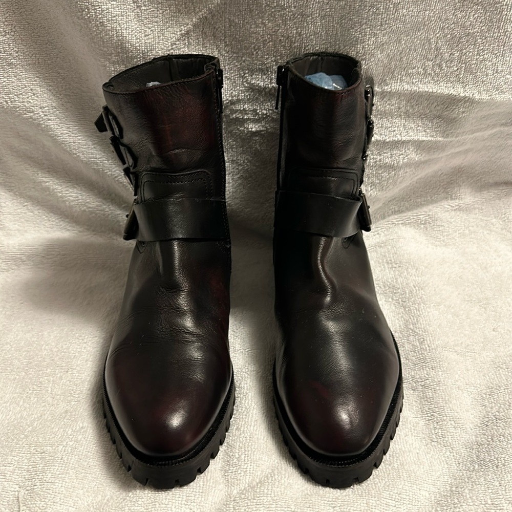 Napoleoni Size 38 Genuine Leather Cherry Black Buckled Zip Up Moto Ankle Boots